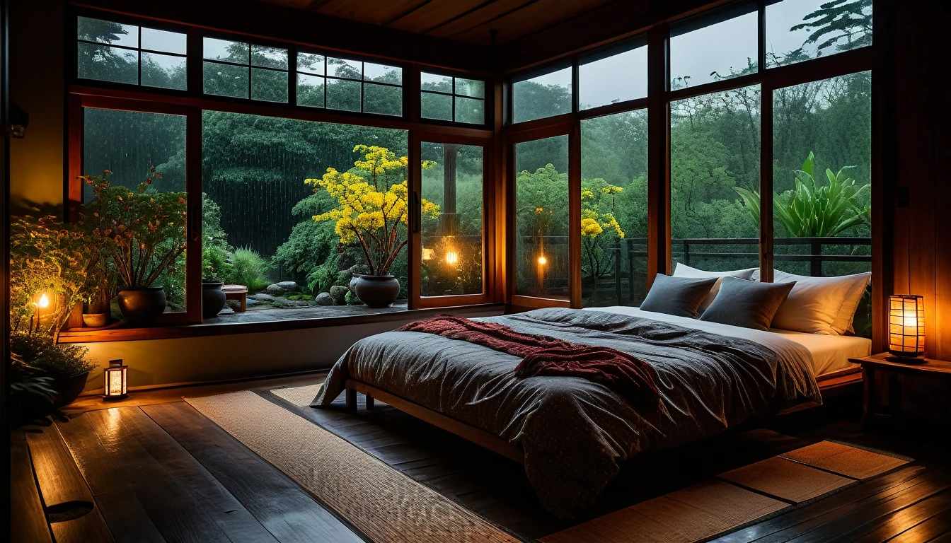 The picture shows a cozy bedroom with large windows offering views of a beautiful, dimly lit garden AND a garden filled with FLOWERS. CINEMATIC atmosphere, gloomy, dull, gloomy rain, cloudy outside JAPANESE HOUSE, dark cloudy. This room has tatami floors, shoji doors, and minimalist wooden furniture. . The bed was unmade with rumpled sheets, indicating only a light sleep. looks dim, gloomy. Beside the bed there is a small table with a classic lamp that radiates warm light into the room. Outside the window you can see the lush greenery of the terrace or balcony area, the rain is falling, the lamp on the left provides warm lighting, creating a calm and peaceful atmosphere. the room was dark, gloomy with fog obscuring part of the view in the distance. The contrast between the warmth indoors and the rain outdoors creates an inviting and calming atmosphere