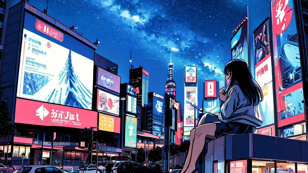 ctans, sky, star (sky), scenery, starry sky, night, 1girl, night sky, solo, outdoors, building, cloud, milky way, sitting, tree, long hair, city, silhouette, cityscape,City from a distance, tokyo, city billboard, 1 milky way in the sky,18歳********