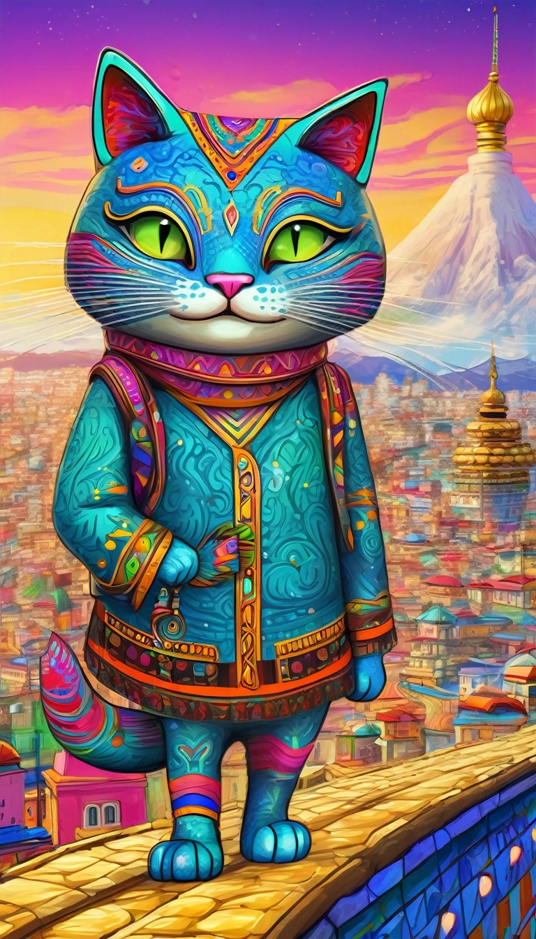 Giant anthropomorphic cat character, Traveling through Eurasia、Detailed outline, cute, Art Brut Style, Dynamic pose, whimsical expression, Bright and vibrant colors, Dynamic Lighting, Digital Painting, masterpiece, (Highest quality,4K,8k,High resolution,masterpiece:1.2),Very detailed,(Realistic,photoRealistic,photo-Realistic:1.37)