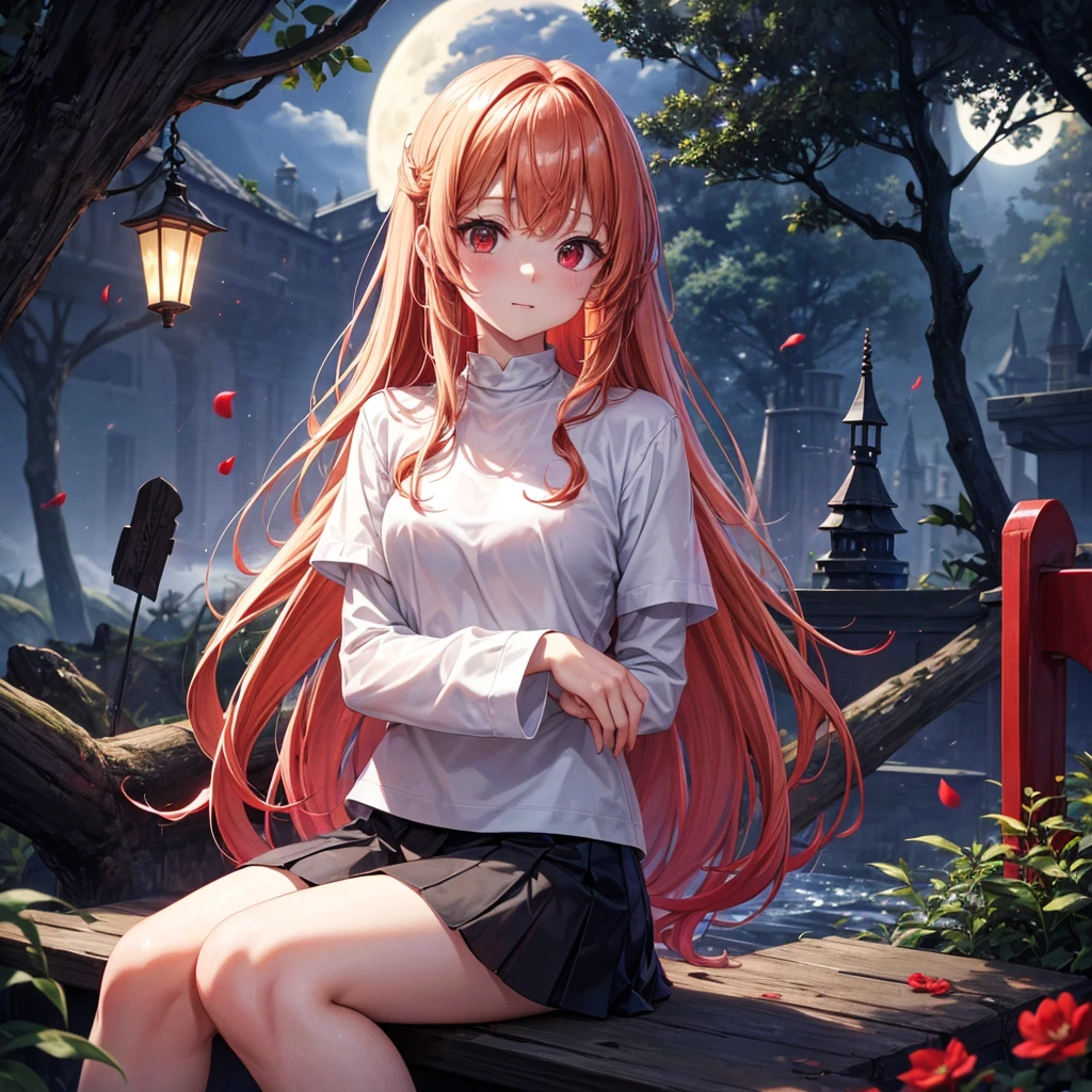 Red-blonde、Red eyes、One cute girl、solo、And soul、Light clothing、Checked mini skirt、petal、Wet hair、Sit on、black t-shirts、large tree、cloud、full moon、monster castle、lanthanum、Hell&#39;s Gate、Craft Gatekeeper、barefoot、Stones are piled up