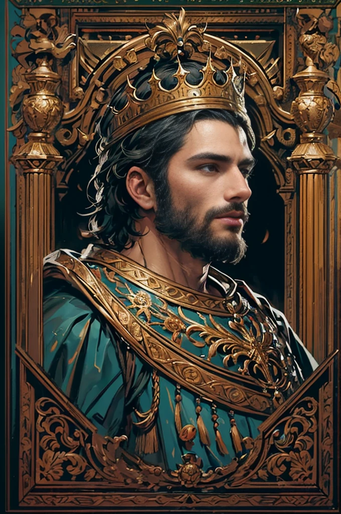 A beautiful man, with short black hair，35 year old，realisitic, digitalpainting, details Intricate, dramatic lighting, real expression, wearing a fur-lined cape, ornate crown, piercing eyes, chiseled features, weathered skin, chunky, but noble, oil painting aesthetics, Warm Color Palette, dramatic shadows, film composition