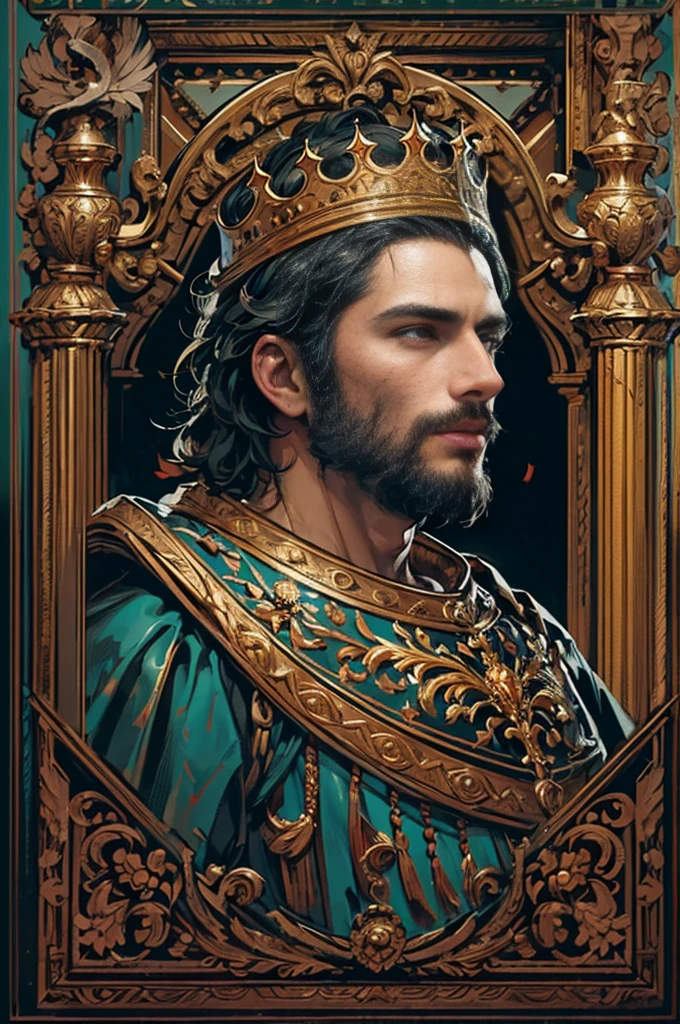 A beautiful man, with short black hair，35 year old，realisitic, digitalpainting, details Intricate, dramatic lighting, real expression, wearing a fur-lined cape, ornate crown, piercing eyes, chiseled features, weathered skin, chunky, but noble, oil painting aesthetics, Warm Color Palette, dramatic shadows, film composition