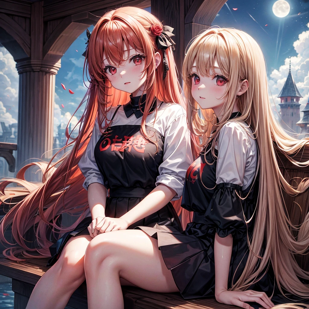 Red-blonde、Red eyes、One cute girl、solo、And soul、Light clothing、Checked mini skirt、petal、Wet hair、Sit on、black t-shirts、large tree、cloud、full moon、monster castle、lanthanum、Hell's Gate、Craft Gatekeeper、barefoot、Stones are piled up