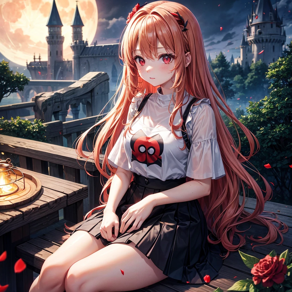 Red-blonde、Red eyes、One cute girl、solo、And soul、Light clothing、Checked mini skirt、petal、Wet hair、Sit on、black t-shirts、large tree、cloud、full moon、monster castle、lanthanum、Hell&#39;s Gate、Craft Gatekeeper、barefoot、Stones are piled up