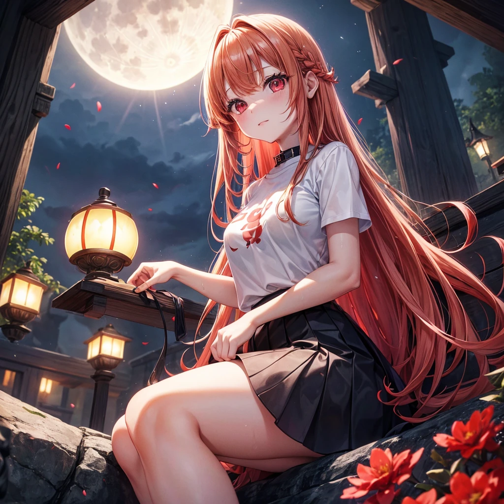 Red-blonde、Red eyes、One cute girl、solo、And soul、Light clothing、Checked mini skirt、petal、Wet hair、Sit on、black t-shirts、large tree、cloud、full moon、monster castle、lanthanum、Hell's Gate、Craft Gatekeeper、barefoot、Stones are piled up