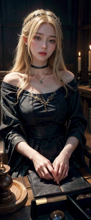 ((masterpiece, Highest quality, Best image quality, High resolution, Realistic, RAW Photos, 8k)), Tarot Cards, Tolkien, middle earth, (masterpiece:1.2), (Highest quality,:1.2), 8k, Very detailed, Surreal, Cinema Lighting, Ambient Lighting, Bridget, As a fortune teller, length, disheveled blonde hair, earring, choker, necklace, jewelry, ring, Dark lipstick, Heavy makeup, Circlet, Sit in the back! table, One! tableの上の占いの球, One! tableの上の頭蓋骨, Candles, In a small dark medieval room, View your viewers,