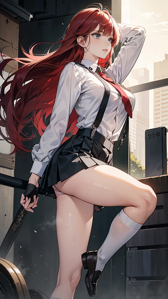 {{masterpiece}}, {{{best quality}}},{{ultra-detailed}}, {{illustration}},{{tall stature}},{{adult women}},{{Fighting stance}},,,{{blushing with anger}},,{{Long sleeve mini skirt uniform}},,,{{blushing with anger}},}{}},{fighting stance}},{},{}, ,{{}},{{Eyelet foot}},,{{From Below }},{{v-shaped eyebrows}},,{{}},{{}},,Slender body}}{{Avoidance}}{{Female police officer}},,,,suspenders ,Long sleeve mini skirt uniform, White High Socks,Black fingerless gloves, Long Red Hair, Red tie,Straight hair ,Blunt bangs,Thigh holster,.amountn loafer,,blush,Wrinkles ,amount,Grit your teeth,suffering,.,Sweat dripping,Medium chest ,get annoyed,,Slums,,Twisting,