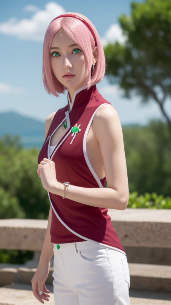 sakuraharuno, sakura uchiha, haruno sakura, short hair, (green eyes:1.5), pink hair, facial mark, forehead mark, hairband,
BREAK jewelry, sleeveless, pants, bracelet, sandals, toeless footwear, white pants, dress, red dress,
BREAK outdoors, city, sun, sky, clouds,
BREAK looking at viewer, (cowboy shot:1.5),
BREAK (masterpiece:1.2), best quality, high resolution, unity 8k wallpaper, (illustration:0.8), (beautiful detailed eyes:1.6), extremely detailed face, perfect lighting, extremely detailed CG, (perfect hands, perfect anatomy),