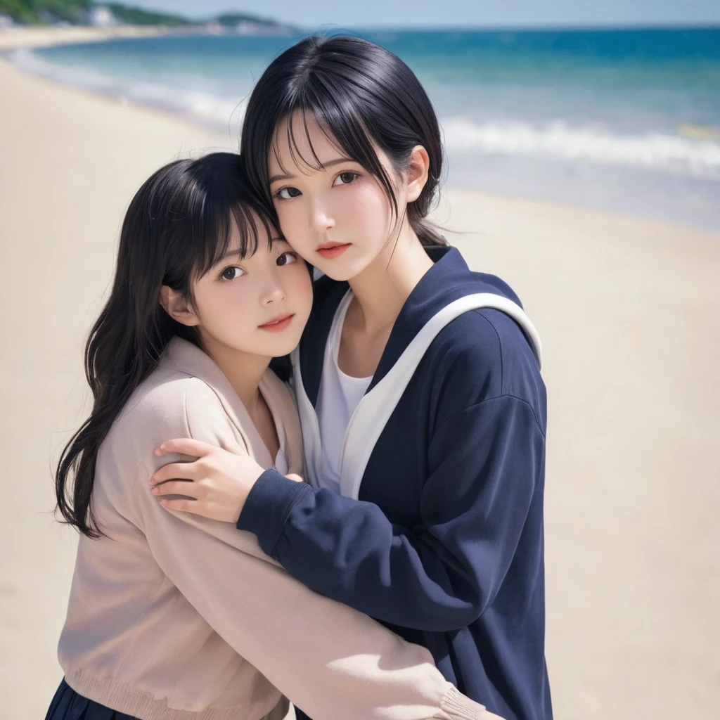 gorgeous 19 y.o. girl,gorgeous girl, score_9,score_8_up,score_7_up,source_anime,masterpiece,best quality, ((black hair)),make up, opened eyes, black eyes,full clothing,a woman with her son,((woman hugging son,1 kid,)),duo,realistic skin,realistic,kid,at the beach,wearing beach clothes