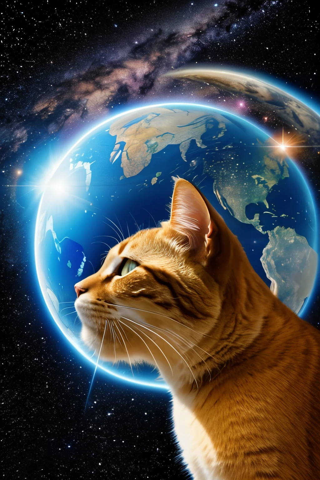 Create an image of a realistic scene in space where a giant, playful cat is interacting with the Earth, depicted as a globe. The cat should appear to be batting the globe gently with its paw, floating amidst a backdrop of stars and distant galaxies. The Earth should be detailed and accurate, with visible continents and oceans, while the cat appears to be a colossal yet friendly presence in the vastness of space.