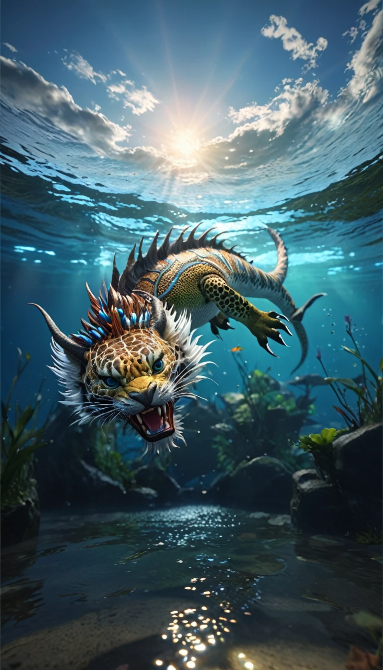 水中的一种Fantasy Creatures(best quality,4K,8k,High level,masterpiece:1.2),Ultra Detailed,(lifelike,Photo real,Photo real:1.37),Highly detailed animals,Complex patterns,Realistic lighting,Fantasy Creatures
