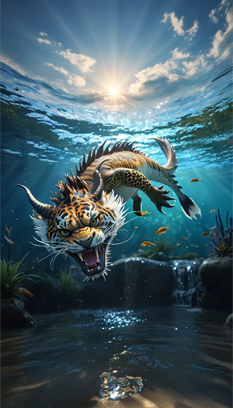 水中的一种Fantasy Creatures(best quality，4K，8k，High level，masterpiece：1.2），Ultra Detailed，（lifelike，Photo real，Photo real：1.37），Highly detailed animals，Complex patterns，Realistic lighting，Fantasy Creatures