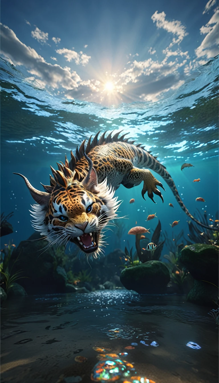 水中的一种Fantasy Creatures(best quality，4K，8k，High level，masterpiece：1.2），Ultra Detailed，（lifelike，Photo real，Photo real：1.37），Highly detailed animals，Complex patterns，Realistic lighting，Fantasy Creatures