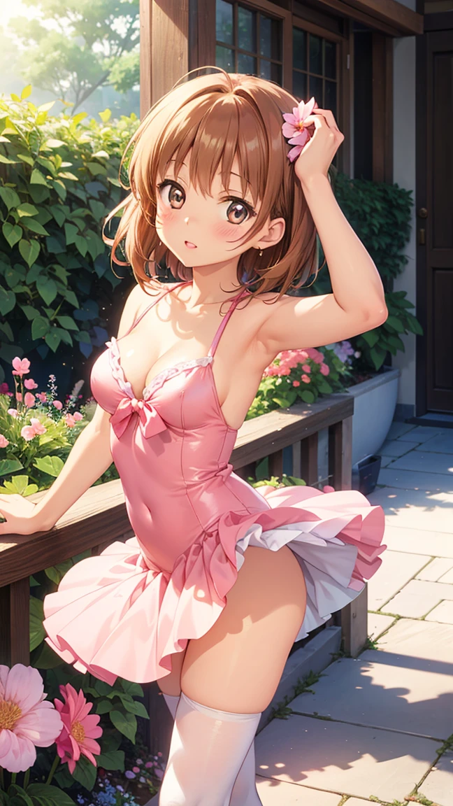 masterpiece, best quality, highres, 1girl, detailed face, blush, anime CG style, (medium breasts), aichan, good lighting, perfect body, sakura kinomoto, glossy lips, looking at viewer, garden, ballerina, tutu