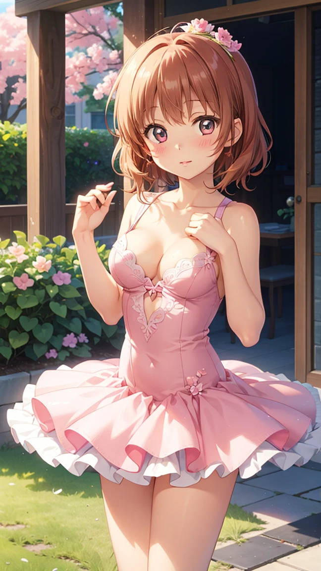 masterpiece, best quality, highres, 1girl, detailed face, blush, anime CG style, (medium breasts), aichan, good lighting, perfect body, sakura kinomoto, glossy lips, looking at viewer, garden, ballerina, tutu