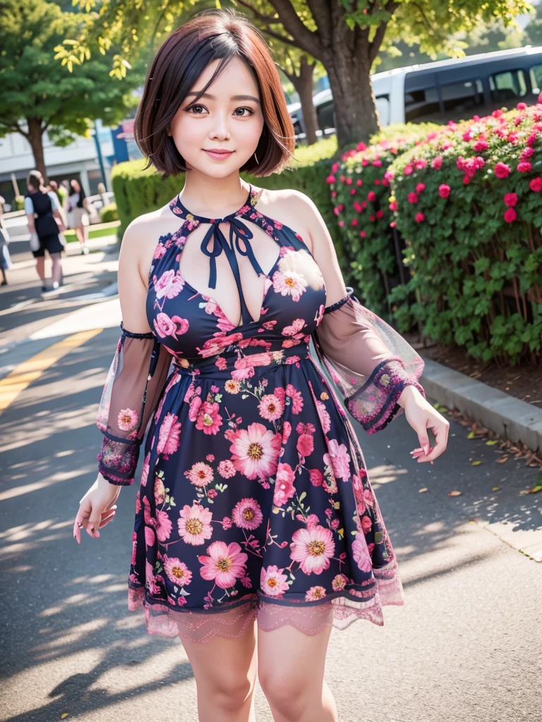A beautiful and hot almost chubby mature woman.who is wearing a patterned short dress and is and standing in the park. A smiling face、sexy woman、A radiant smile、adorable、race、Frills、Colorful design、Full-length mirror、An inviting gaze、Gorgeous long and beautiful hairstyle、variation Hairstyle、Open neck blouse、Flower Garden、Sparkling、Elegant Princess