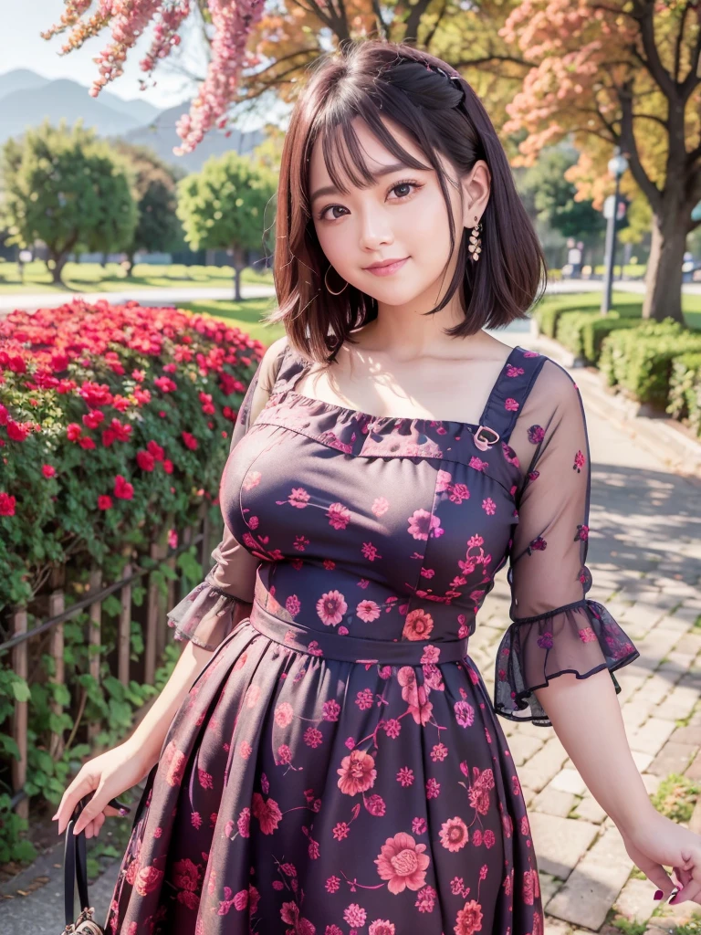 A beautiful and hot almost chubby mature woman.who is wearing a patterned short dress and is and standing in the park. A smiling face、sexy woman、A radiant smile、adorable、race、Frills、Colorful design、Full-length mirror、An inviting gaze、Gorgeous long and beautiful hairstyle、variation Hairstyle、Open neck blouse、Flower Garden、Sparkling、Elegant Princess