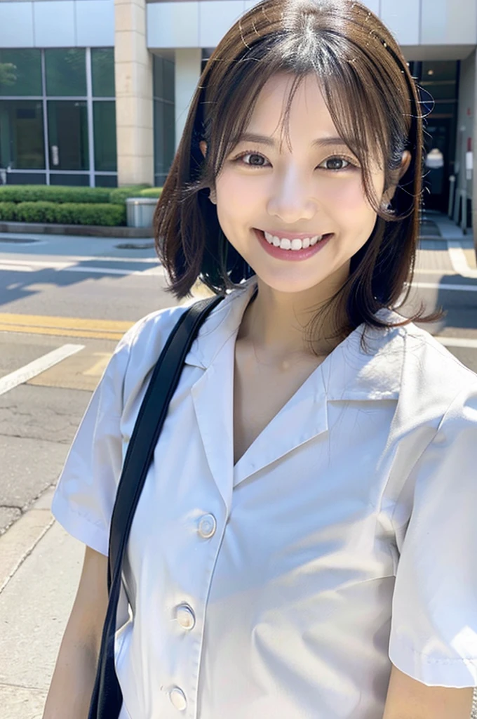 Dental hygienist wearing white nurse uniform short sleeves Japanese, black hair, early 30s woman Upper body close-up smile Shooting outside Harmony々 No accessories included