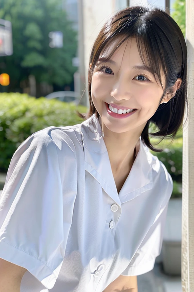Dental hygienist wearing white nurse uniform short sleeves Japanese, black hair, early 30s woman Upper body close-up smile Shooting outside Harmony々 No accessories included