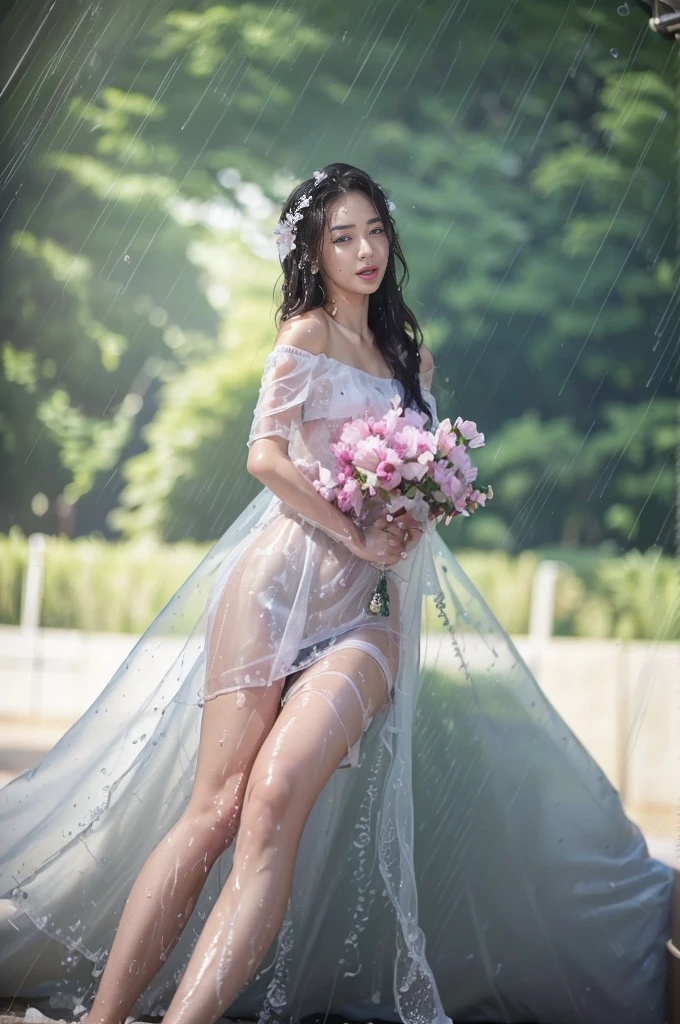 (highest quality、4k、masterpiece:1.3)、Beautiful woman、1 girl、sexy:1.1、dark brown hair:1.1、highly detailed face、lip details、detailed eye、double eyelid、(Pink nipples are transparent)、(Translucent off-shoulder wet white dress)、(she is wet)、(A woman taking shelter from the rain in a park waiting room)