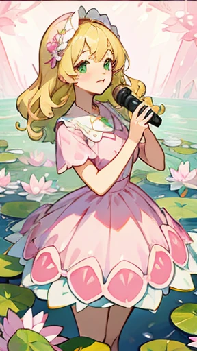 A cute anime idol girl, medium-length blonde hair, wavy hair, side bangs, light green eyes, holding a microphone, singing, smiling, pastel waterlily-inspired dress, coquette, lily pads, pink waterlilies, detailed outfit, girly dress, bows, coquette, pink and white dress, waterlily hair accessories, white background, facing the viewer, detailed