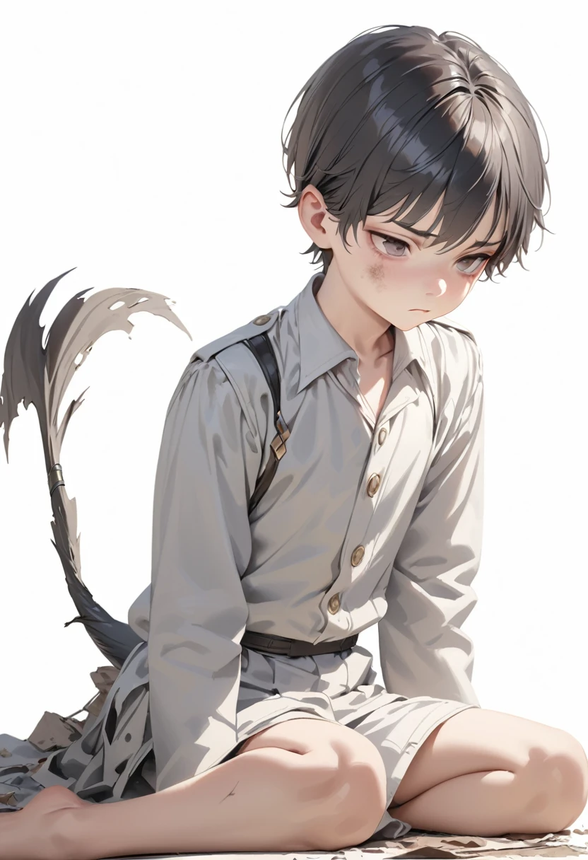 a young boy, 12 years old, with short black hair, wearing a , standing in a simple white background, with a serious, expressionless face and a damaged tail, (best quality, 8k, masterpiece, ultra-detailed, realistic, photorealistic:1.37), (1 boy, alone, uniform, white collar:1.5), (damaged, expressionless:1.5), (simple background, white background, lots of empty space, full body:1.5)