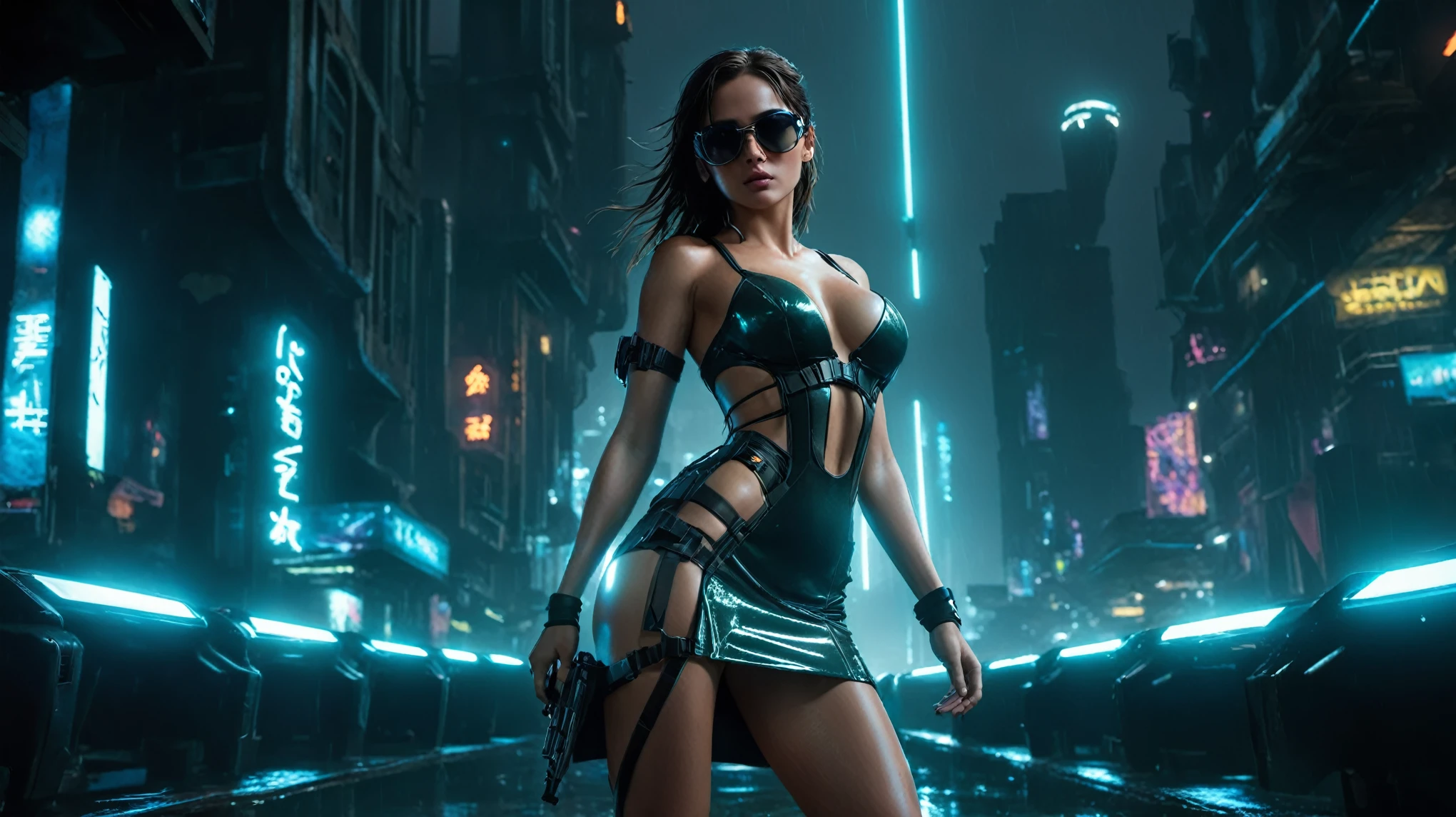 (aerial view, a flying cars docking platform, a very dark abandoned futuristic city, neon lights), rainy night. A girl as Lara Croft, solo, alone, large-breast:1.2 slim body, cleavage:1.1, sexy wind blowing wet dress:1.4, (headphone, black sunglasses), (((((she raised:1.8 a pistol:1.8 and took aim at viewer))))), dynamic pose, (((half-body thigh level medium shot))), cinematic lighting, lens flare, ray tracing.