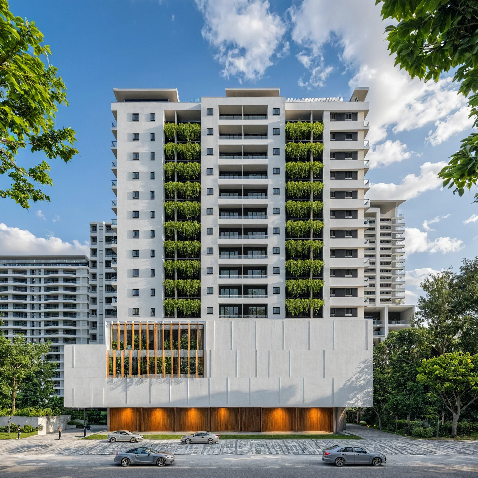 Masterpiece, high quality, best quality, authentic, super detail, outdoors, onestoreyvillaXL, aiaigroup, house style modern on the street ,stairs, white wall ,road,pavement, grass, trees, sky, cloud, (daylight:1.1)