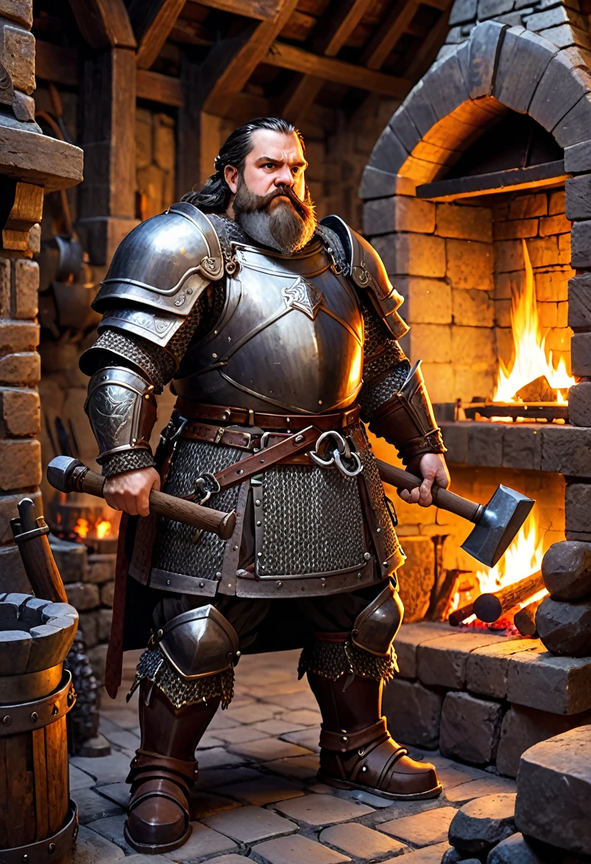 dwarf with heavy chain armor. he is holding a hammer. he is standing in a forge with a fireplace.