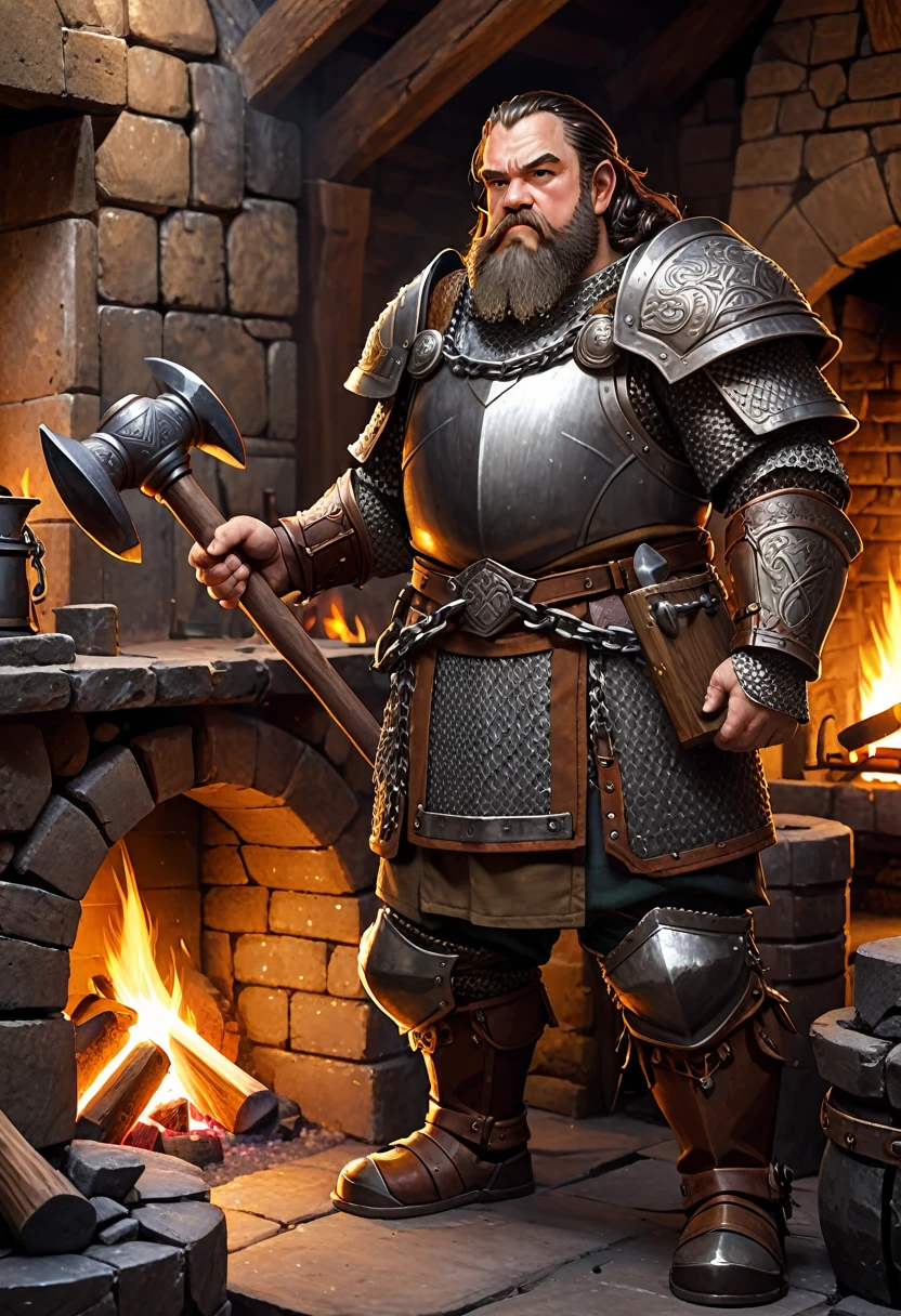 dwarf with heavy chain armor. he is holding a hammer. he is standing in a forge with a fireplace.