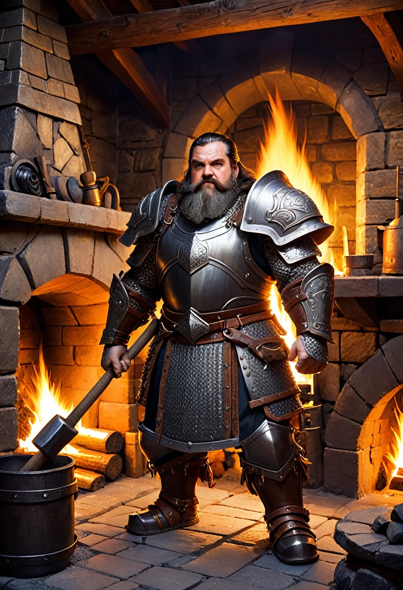 dwarf with heavy chain armor. he is holding a hammer. he is standing in a forge with a fireplace.