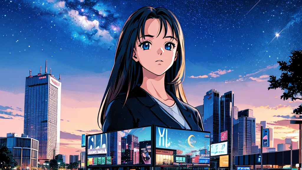 ctans, sky, star (sky), scenery, starry sky, night, 1girl, night sky, solo, outdoors, building, cloud, milky way, sitting, tree, long hair, city, silhouette, cityscape,City from a distance, tokyo, city billboard, 1 milky way in the sky,18歳セクシーな女の子