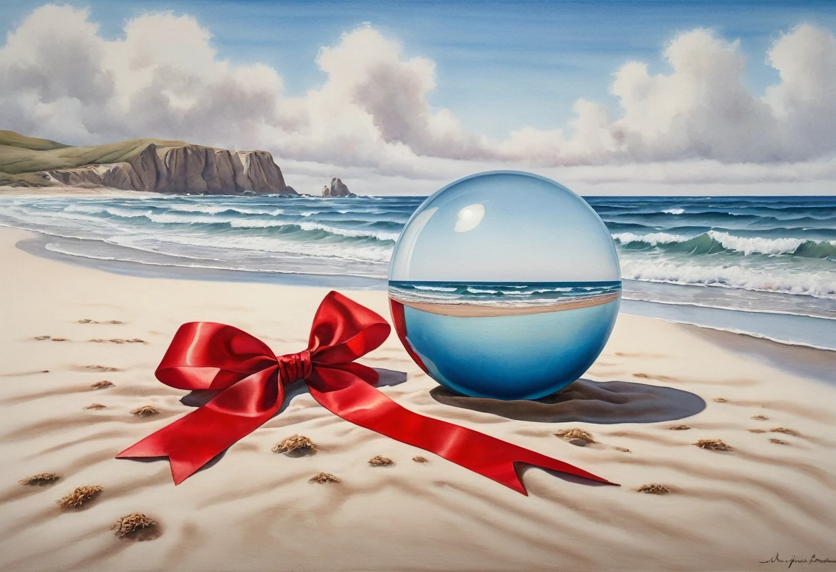 Surrealist watercolor painting. Pristine beach with soft, sandy shores and gentle waves. Enormous glass sphere, perfectly transparent, resting on sand. Oversized red ribbon wrapped around the sphere, flowing and billowing in imaginary wind. Distorted reflections in glass, merging sky and sea. Dreamy, muted palette for beach, vivid red for ribbon. Subtle watercolor textures, wet-on-wet technique. Magritte-esque juxtaposition of reality and fantasy. Thought-provoking, whimsical scene