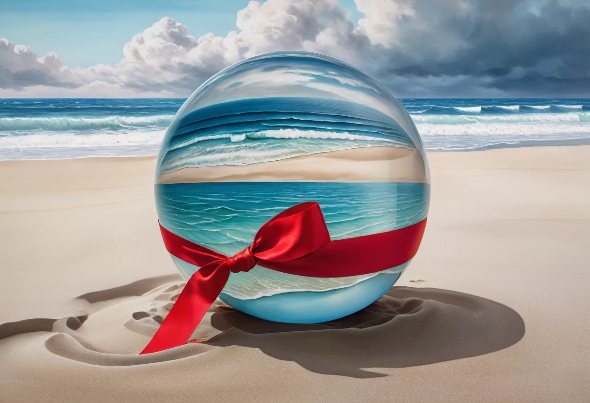 Surrealist watercolor painting. Pristine beach with soft, sandy shores and gentle waves. Enormous glass sphere, perfectly transparent, resting on sand. Oversized red ribbon wrapped around the sphere, flowing and billowing in imaginary wind. Distorted reflections in glass, merging sky and sea. Dreamy, muted palette for beach, vivid red for ribbon. Subtle watercolor textures, wet-on-wet technique. Magritte-esque juxtaposition of reality and fantasy. Thought-provoking, whimsical scene
