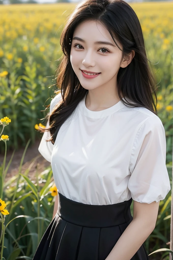 Lady smiling brightly in the field,Simple and neat clothes,Black hair and black eyes,Perfect face,