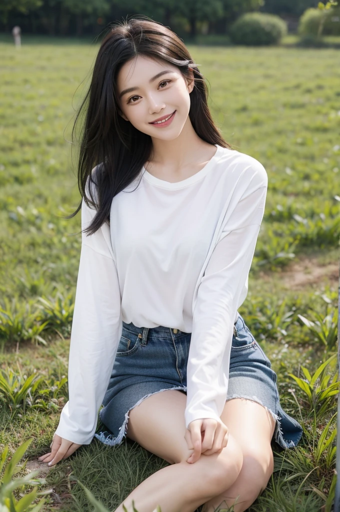 Lady smiling brightly in the field，Simple and neat clothes，Black hair and black eyes，Perfect face，