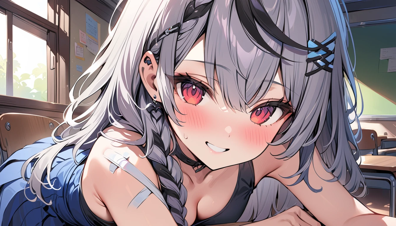 blue skirt, Clarification , pleated skirt, , Seraphim, skirt,View your viewers,indoor, classroom,
One girl ,Red eyes, , Multicolored Hair, Grey Hair, Striped Hair, bandage, hair ornaments, smile, Black Hair, Clothing cutouts, Earrings, Braiding, tooth,Long Hair,masterpiece, High resolution, Octance 4K, Attention to detail