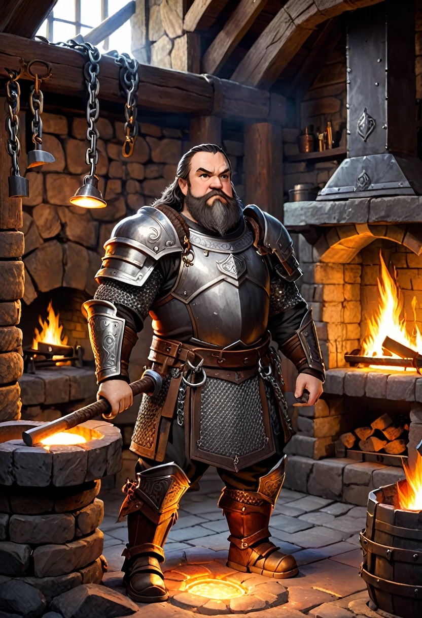 dwarf with heavy chain armor. he is holding a hammer. he is standing in a forge with a fireplace.