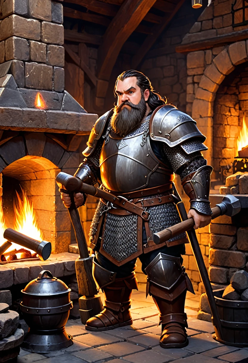 dwarf with heavy chain armor. he is holding a hammer. he is standing in a forge with a fireplace.