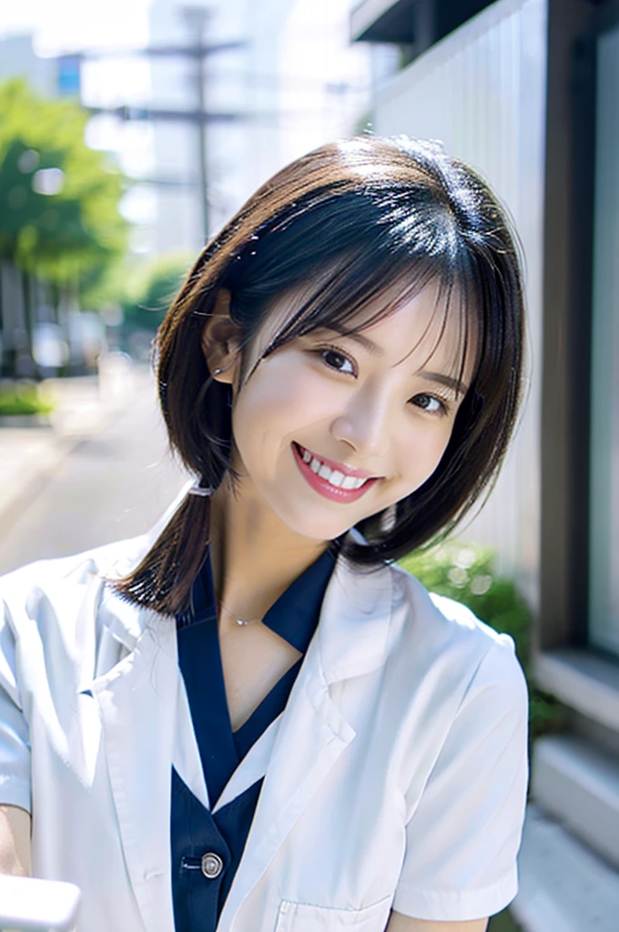 Dental hygienist wearing white nurse uniform short sleeves Japanese, black hair, early 30s woman Upper body close-up smile Shooting outside Harmony々 No accessories included