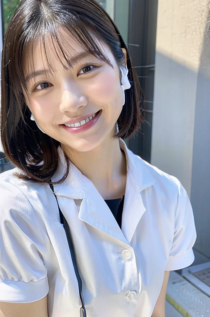 Dental hygienist wearing white nurse uniform short sleeves Japanese, black hair, early 30s woman Upper body close-up smile Shooting outside Harmony々 No accessories included