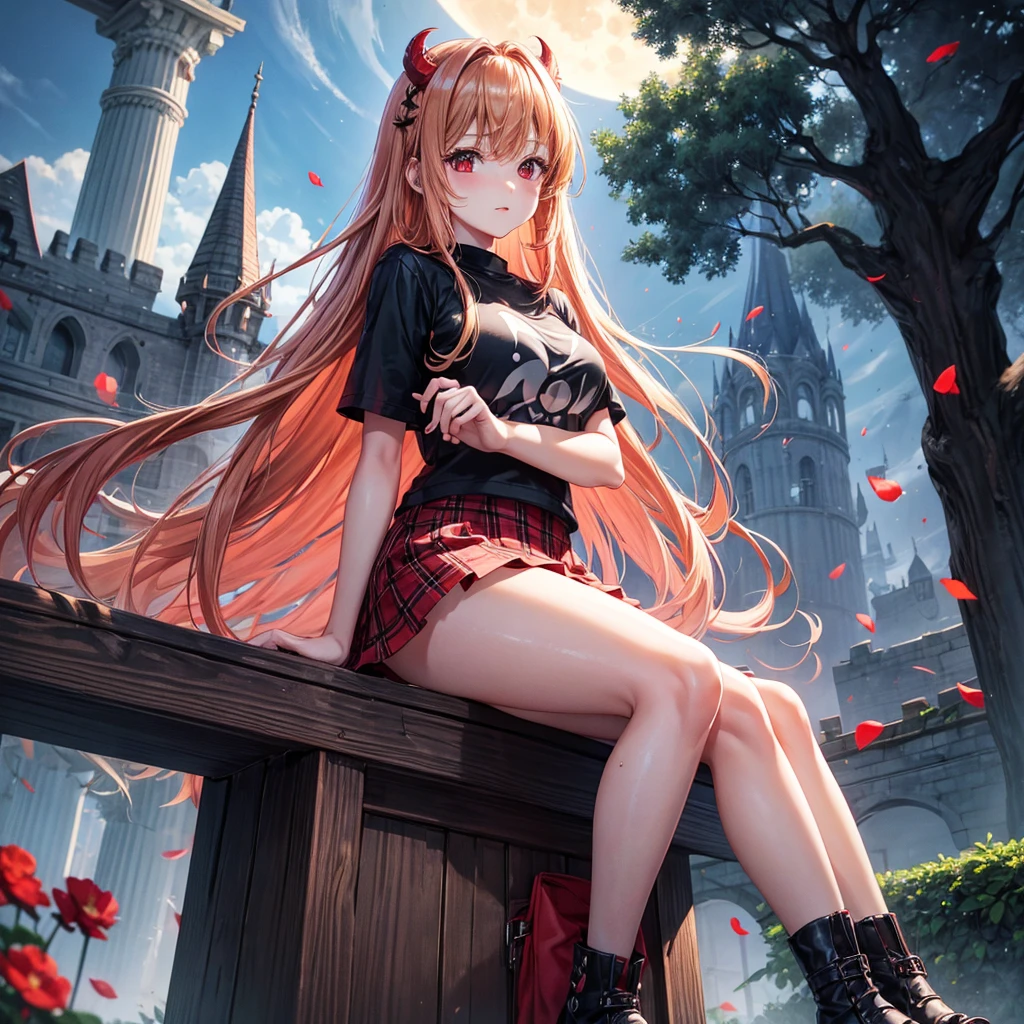 Red-blonde、Red eyes、One cute girl、solo、And soul、Light clothing、Checked mini skirt、petal、Wet hair、Sit on、black t-shirts、large tree、cloud、full moon、monster castle、lanthanum、Hell's Gate、Craft Gatekeeper、barefoot、Stones are piled up