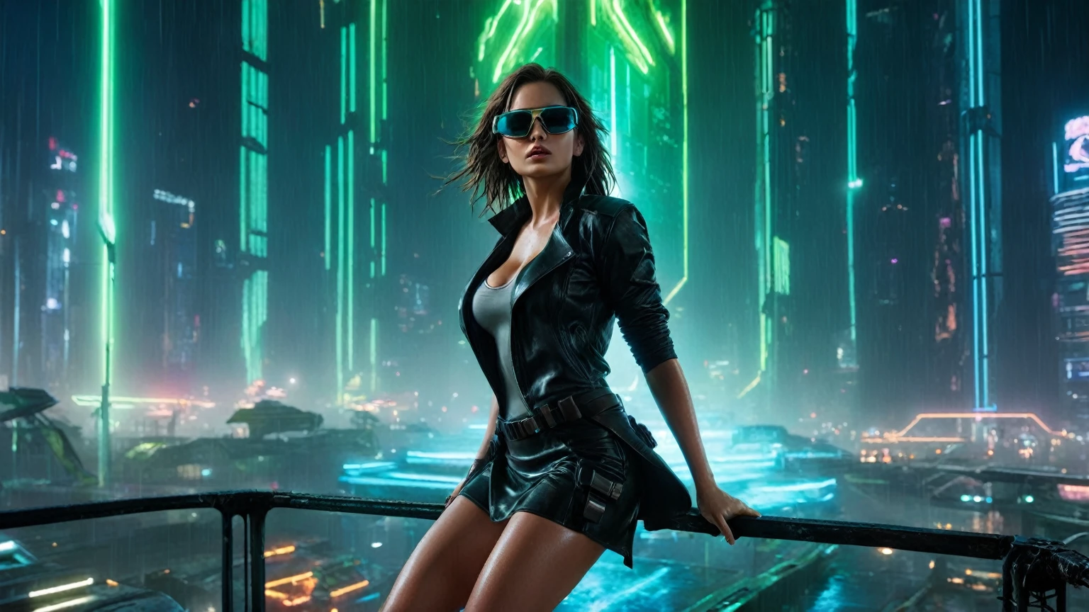 (aerial view, a flying cars docking platform, a very dark abandoned futuristic city, neon lights), rainy night. A girl as Lara Croft, solo, alone, large-breast:1.2 slim body, cleavage:1.1, sexy wind blowing wet dress:1.4, (headphone, black sunglasses), (((((she raised:1.8 a pistol:1.8 and took aim at viewer))))), dynamic pose, (((half-body thigh level medium shot))), cinematic lighting, lens flare, ray tracing.