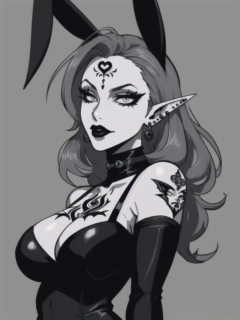draw anime cartoon. goth. black lipstick. bunny ears. night background. grey eyes. paper vampire white skin. piercings. tattoos. elf ears. dark and colorful hair. bigger body frame. oversized body type. female.
