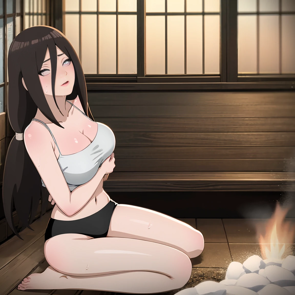 masterpiece, Very detailed, best quality, Ultra-high resolution, 1 Girl, Solitary, (Snow outside the window,exist(bamboo basket)by the fire,Sweating,blush),(中等breast), breast, (Hana and Hinata:1), (Yoga Clothes,Kneeling), cleveage, From the front,sit,exist沙发上,black eyes,White eyes