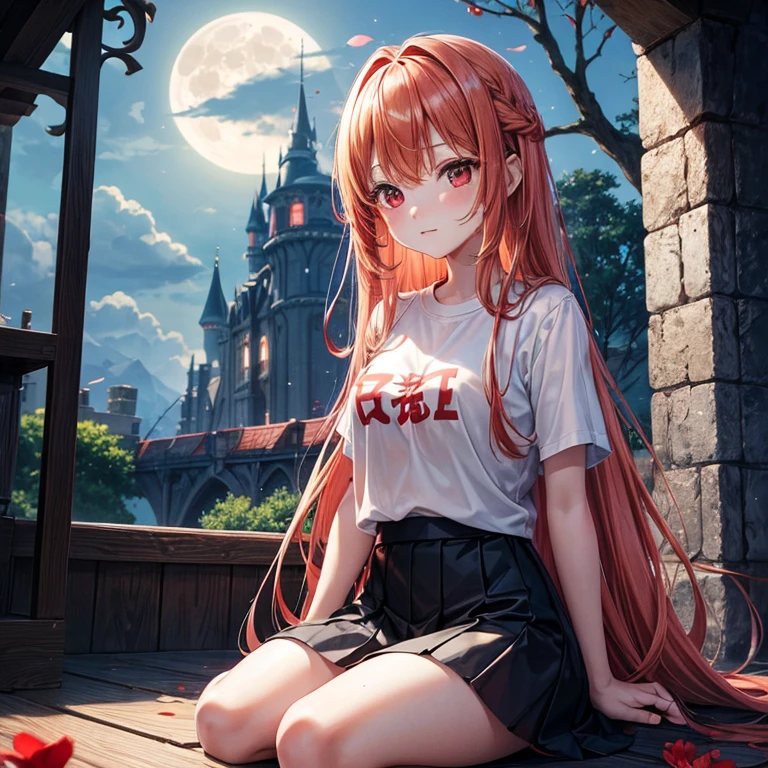 Red-blonde、Red eyes、One cute girl、solo、And soul、Light clothing、Checked mini skirt、petal、Wet hair、Sit on、black t-shirts、large tree、cloud、full moon、monster castle、lanthanum、Hell&#39;s Gate、Craft Gatekeeper、barefoot、Stones are piled up