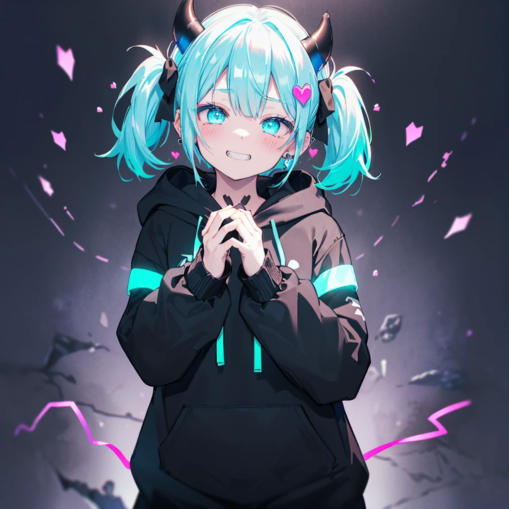 ((((jagged、Open your mouth、Grin　background、shining heart　front))))　(((Black hoodie、Wearing a hood　Devil horns　Twin tails、Neon Blue　Neon Blueの目　Heart pose with both hands)))　((Shiny Earrings　Small black ribbon))　Shining Edges　輝くbackground