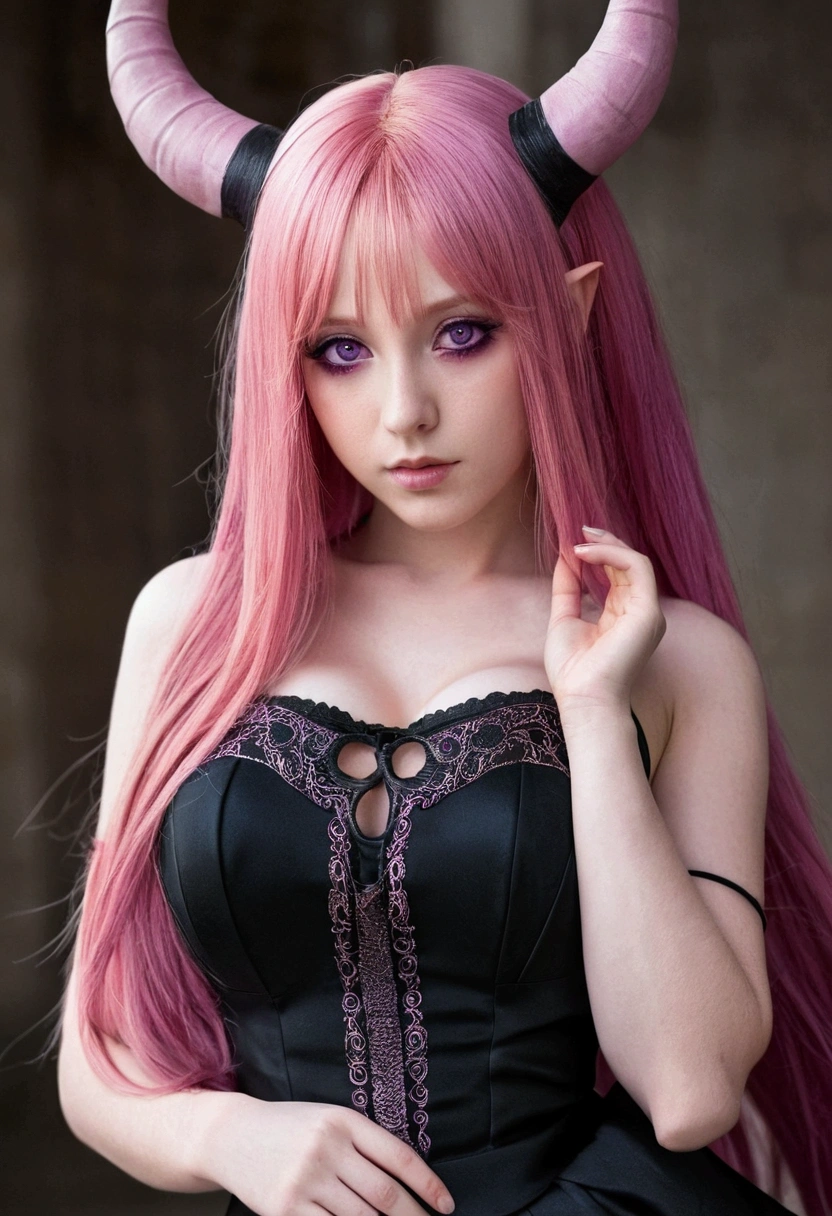 1girl with long pink hair, violet red eyes, two small horns on head, short black dress, big breasts,