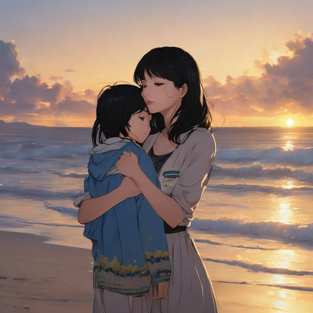 gorgeous 19 y.o. girl,gorgeous girl, score_9,score_8_up,score_7_up,source_anime,masterpiece,best quality, ((black hair)),make up, opened eyes, black eyes,full clothing,a woman with her son,((woman hugging son,1 kid,)),duo,realistic skin,realistic,???,at the beach,wearing beach clothes