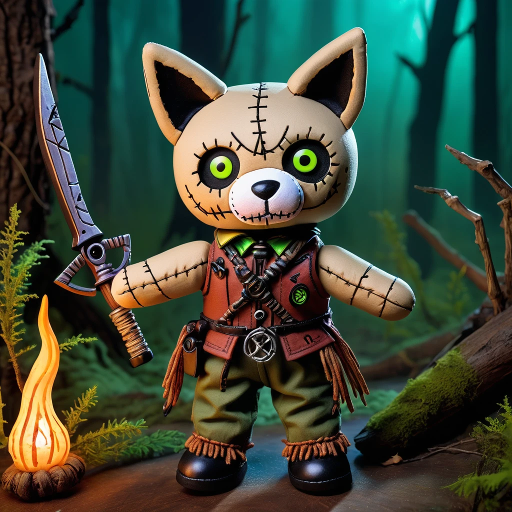 (knitted toy voodoo doll:1.7), (Voodoo Wolf Ranger:1.3), (Clothing: tattered forest ranger's uniform with dark symbols:1.0), (Accessories: enchanted crossbow, glowing sinister traps:1.2), (background: haunted forest with floating, glowing spectral animals and eerie mist:1.2), best quality, masterpiece, detailed soft oil painting, detailed background, dramatic cinematic lighting, soft edge lighting, professional, dramatic lighting, hard edge lighting, ultra quality, 4k, masterpiece, best quality, 8k, ultra high definition, high resolution, extremely detailed